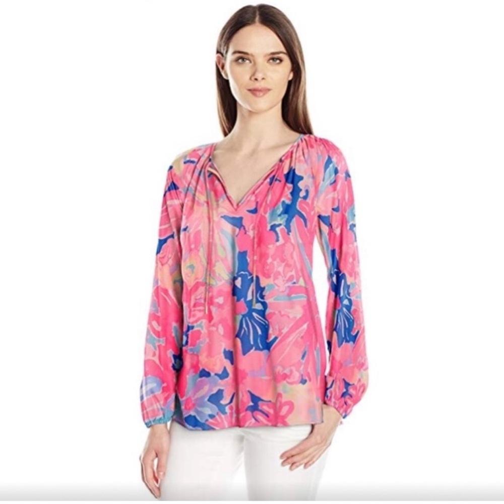 Lilly Pulitzer Playa Hermosa Willa Top Neon Pink Blues White Sz XS Long Sleeves